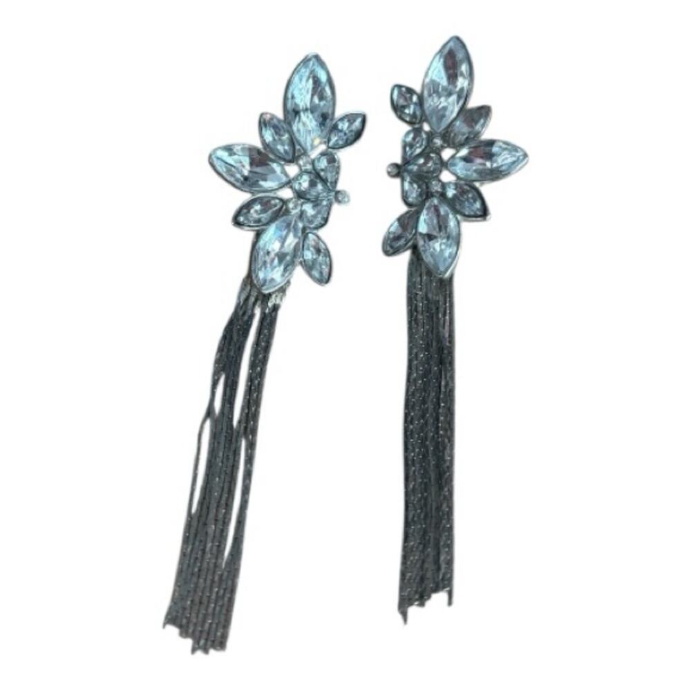 Silver Tassel Drop Earrings w/ Rhinestone Accents